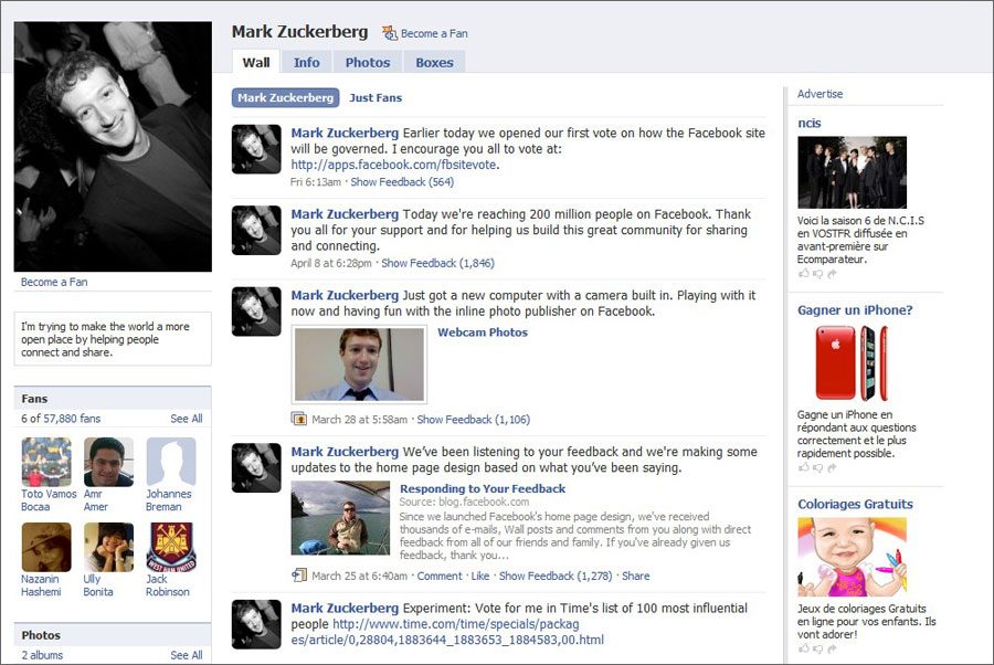 la page personnelle de Mark  Zuckerberg