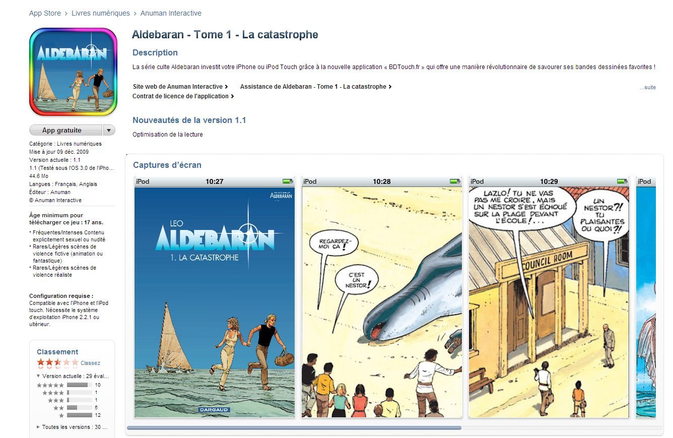 La fiche du premier tome d'Aldebaran dans l'App Store