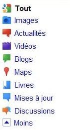 Le nouveau menu avec icônes apparaît à gauche de la fenêtre de recherche.