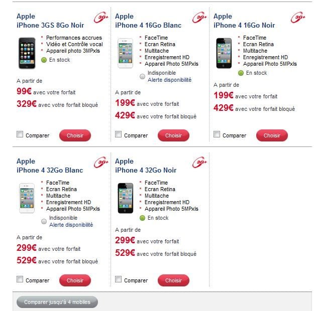 Les tarifs de l'iPhone 4 sur le site de SFR.