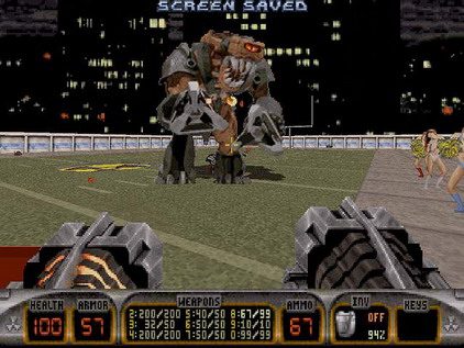 Duke Nukem 3D (1996), un jeu devenu culte grâce à son cocktail d'humour parodique et d'action virile.