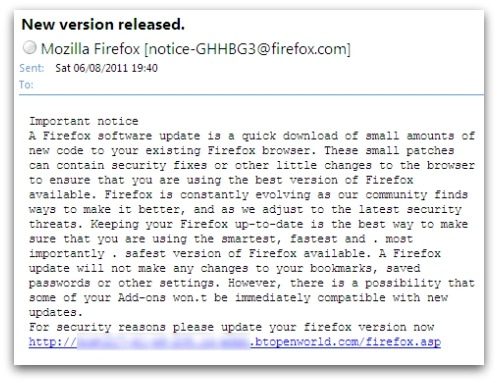 Le faux message de Mozilla repéré par Sophos