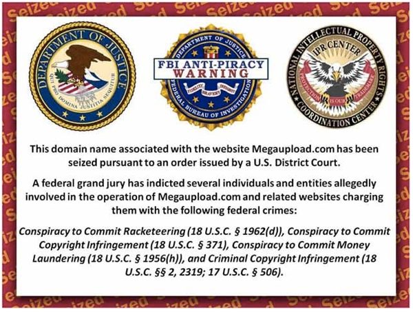 Avertissement du FBI en page d'accueil du domaine Megaupload.com