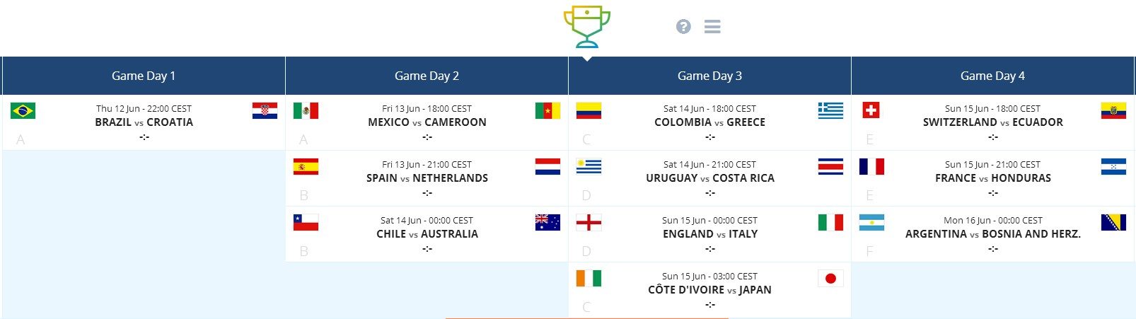 Pocket World Cup Schedule