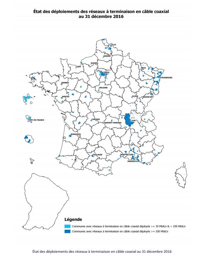 Les réseaux à terminaison en câble coaxial en France fin 2016.