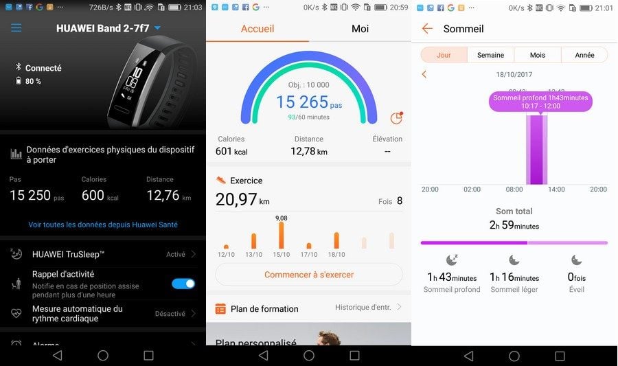 Pour tirer au mieux parti des données du bracelet, il faut utiliser deux applications sous Android : Huawei Wear et Huawei Santé.