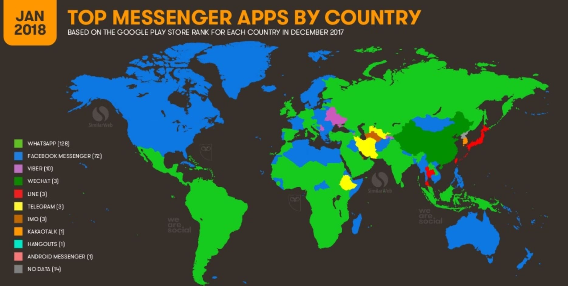 La carte mondiale des messageries les plus utilisées par pays.