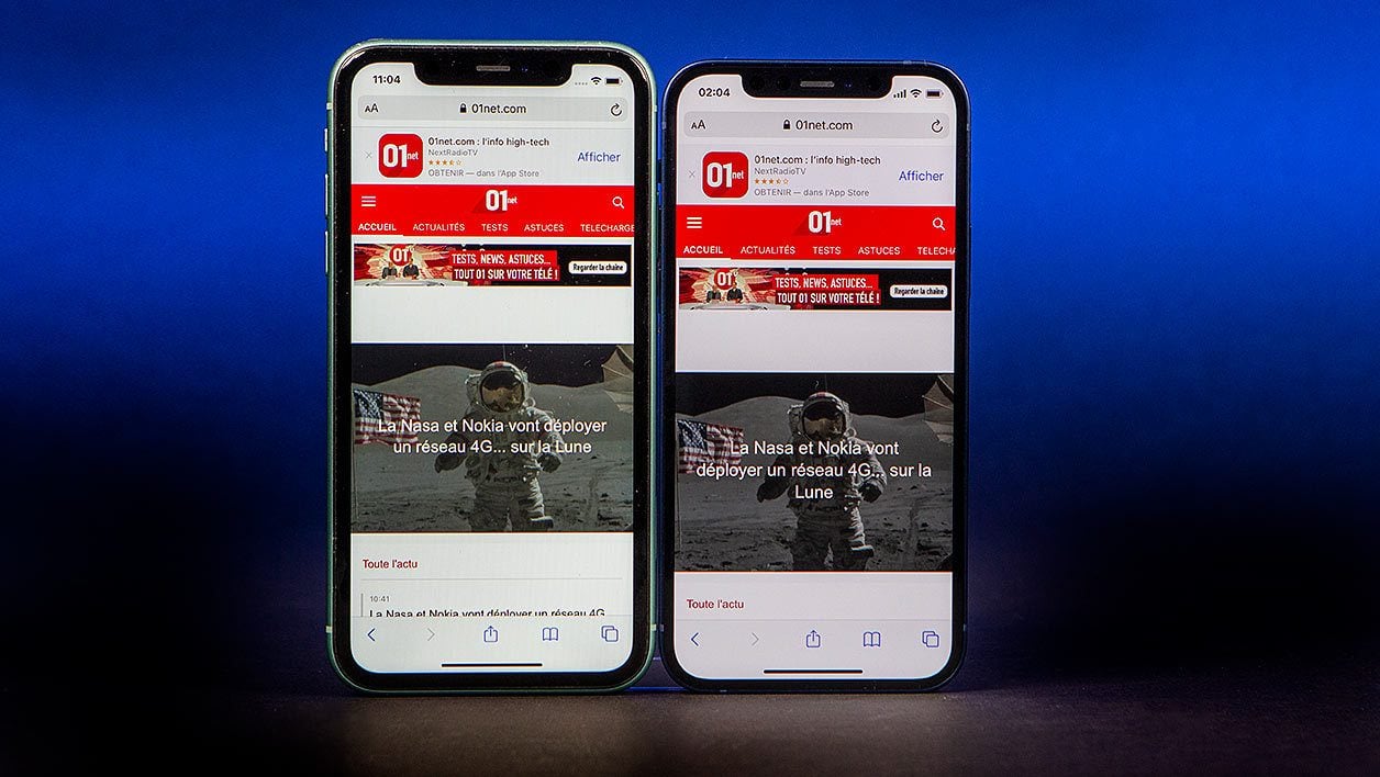 L'iPhone 11 et son écran LCD 6,1 pouces, à gauche. L'iPhone 12 et son écran OLED 6,1 pouces, à droite