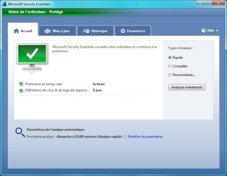 Capture d'écran Microsoft Security Essentials (MSE)