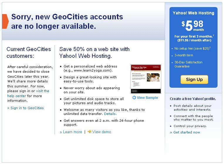 Geocities ne recrute plus&nbsp;!