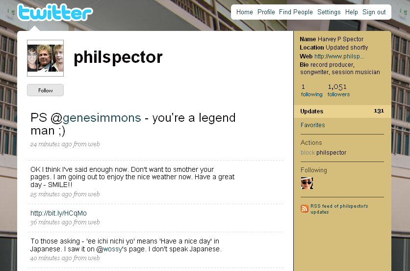 Le fil Twitter du faux Phil Spector