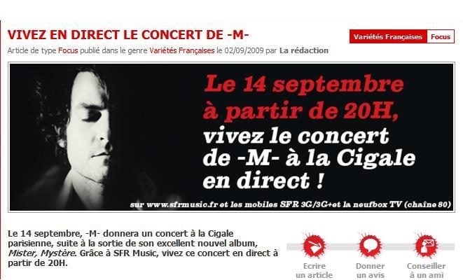Le concert de M inaugure la nouvelle chaine  SFR Music