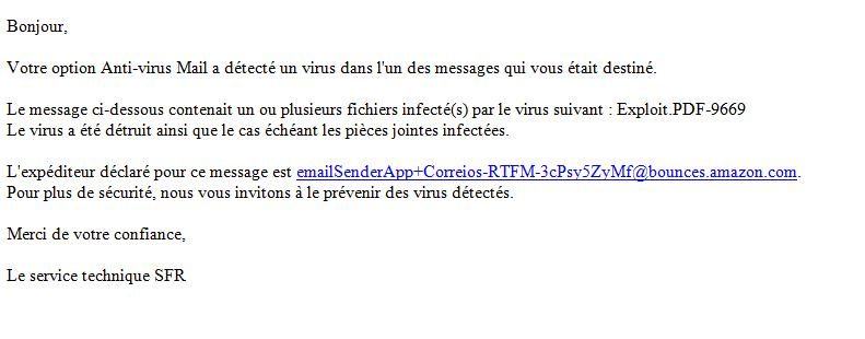 Le message reçu par les abonnés SFR les informant de la présence d'un pseudo-virus dans leurs e-mails.