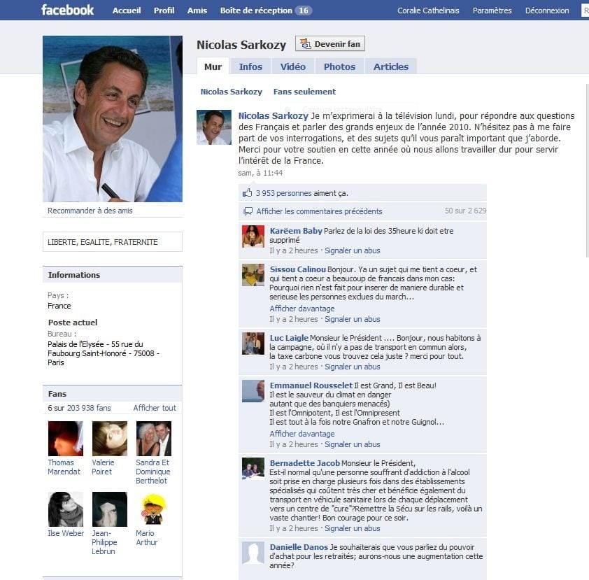 La page fan de Nicolas Sarkozy