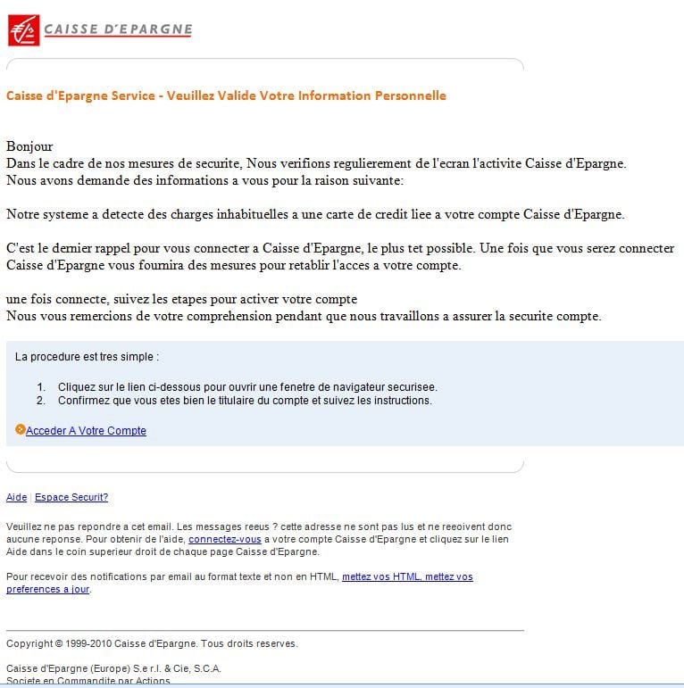 Un message se faisant passer pour la Caisse d'Epargne daté du 9 mars
