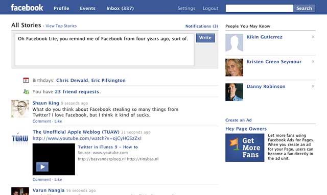 La <i>homepage</i> de Facebook Lite