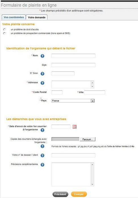 Le formulaire de dépôt de plainte disponible sur le site de la Cnil.