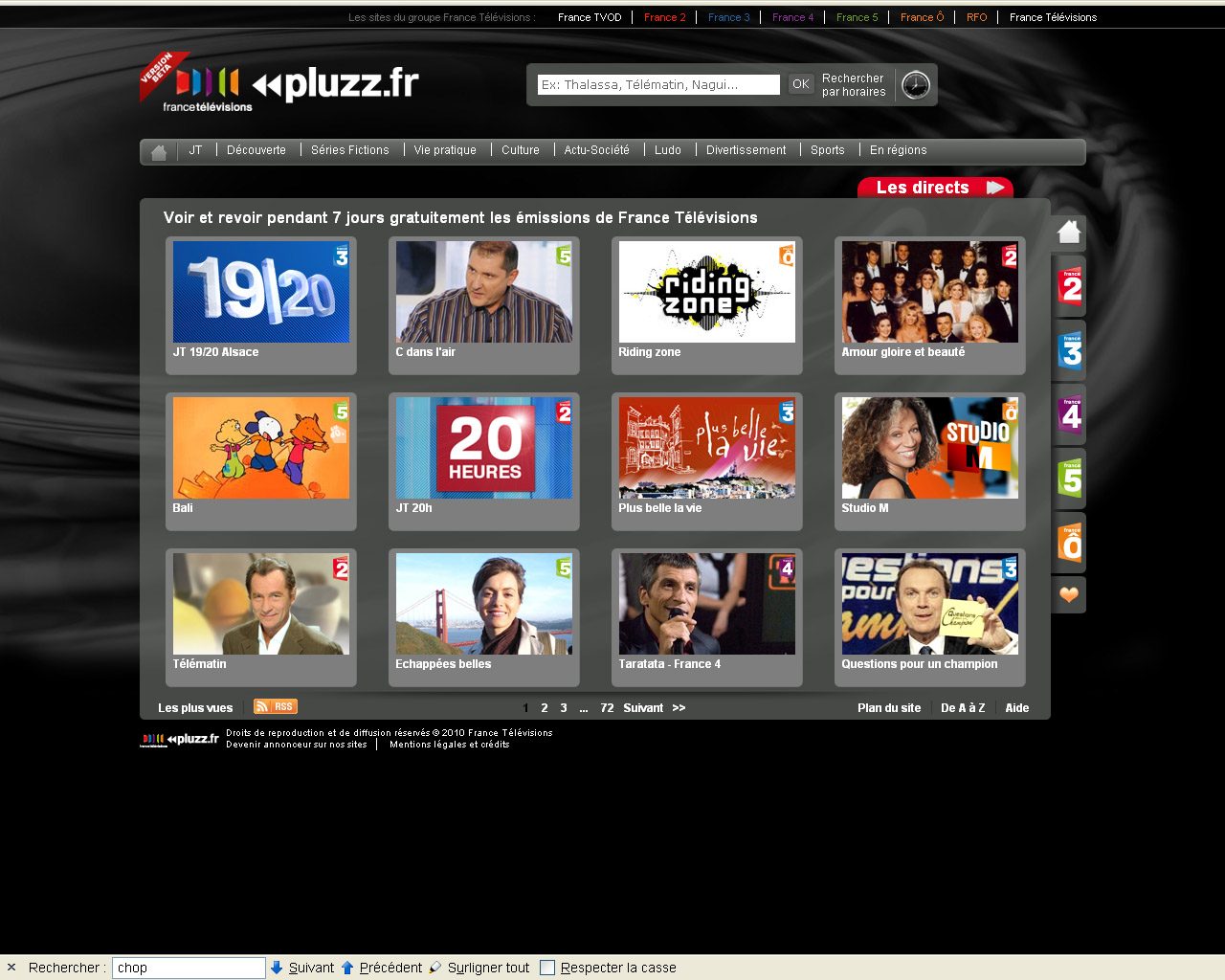 La page d'accueil de pluzz.fr