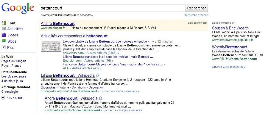 Des liens sponsorisés pour Eric Woerth, à droite