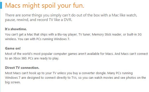 « Les Mac vont gâcher votre plaisir », explique Microsoft.