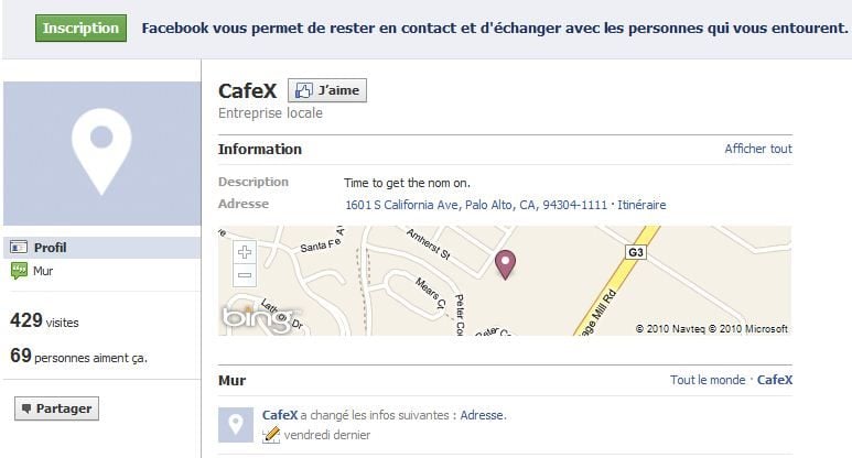 Une page « lieu » sur Facebook.