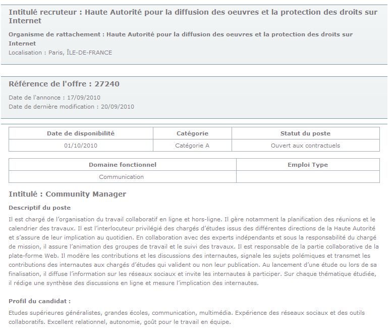 La Hadopi recrute son community manager sur la Biep