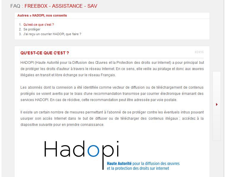 Une rubrique spéciale Hadopi sur le site de Free