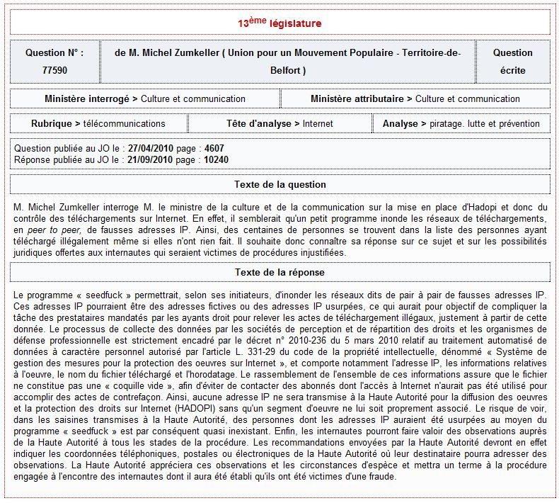La réponse du gouvernement sur l'affaire Seedfuck.