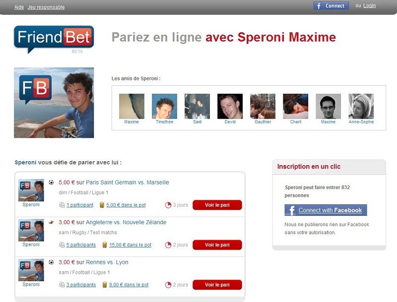 Une page utilisateur sur FriendBet