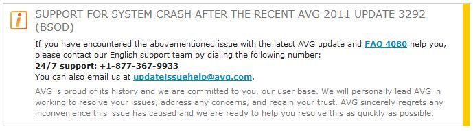 AVG alerte ses clients sur son site Web.