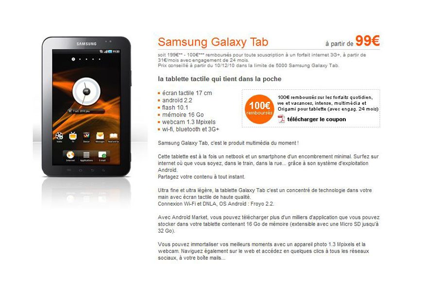 La Samsung Galaxy Tab à 99 euros