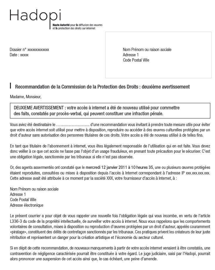 Deuxième avertissement de la Hadopi