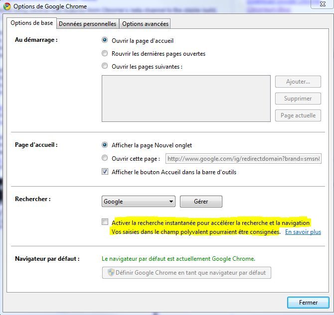 La fonction Chrome Instant est désactivée par défaut.