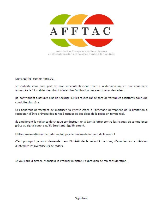 La lettre type diffusée par l'AFFTAC