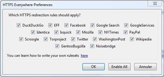 Les sites à sécuriser peuvent être sélectionnés depuis le menu de l'extension HTTPS Everywhere.