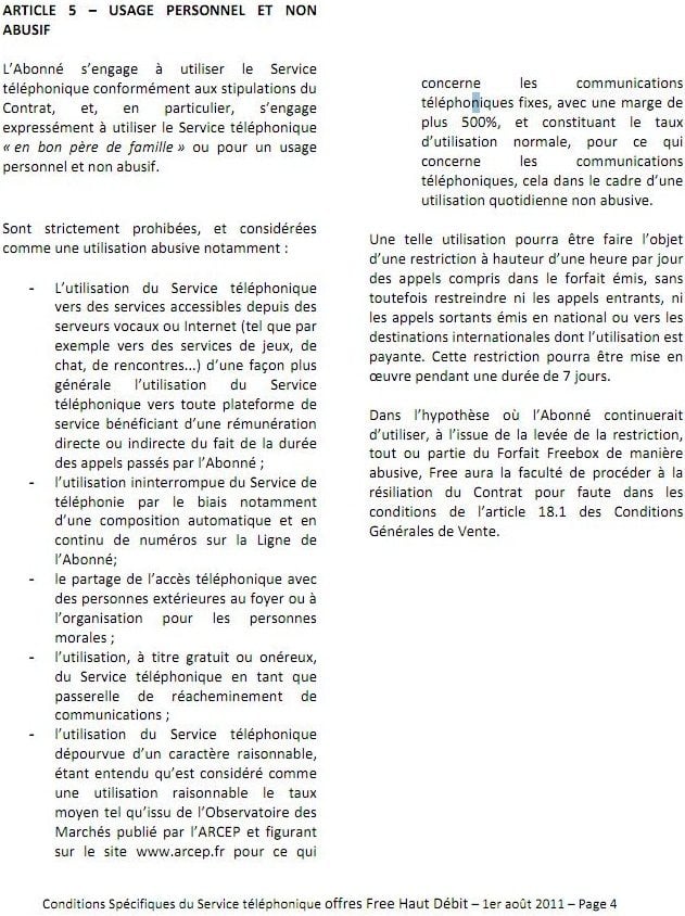 Extrait du contrat de Free (1er août 2011)