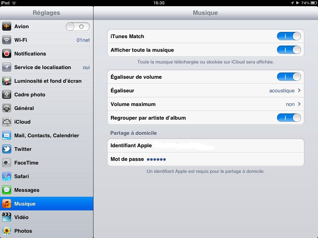 Réglages pour l'iPad