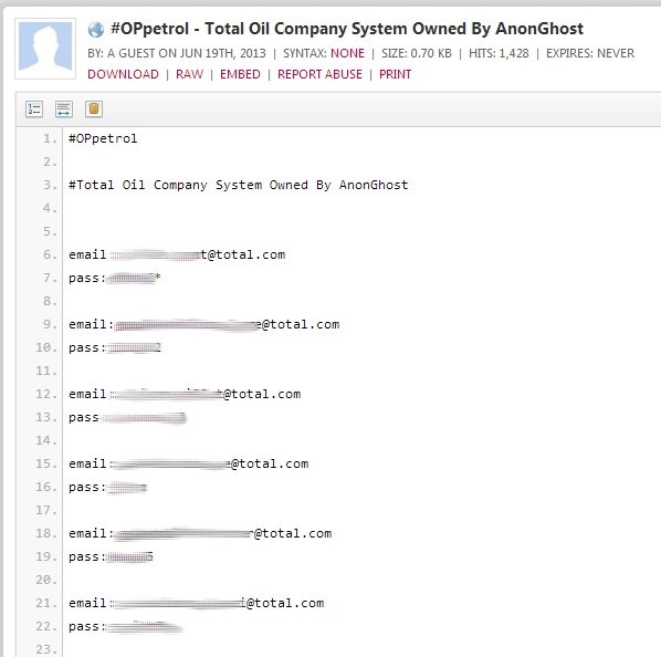 AnonGhost publie des identifiants de salariés de Total