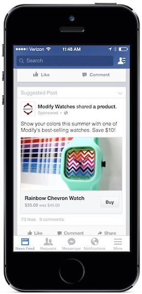 Le bouton "Acheter" de  Facebook intégré à une publicité mobile