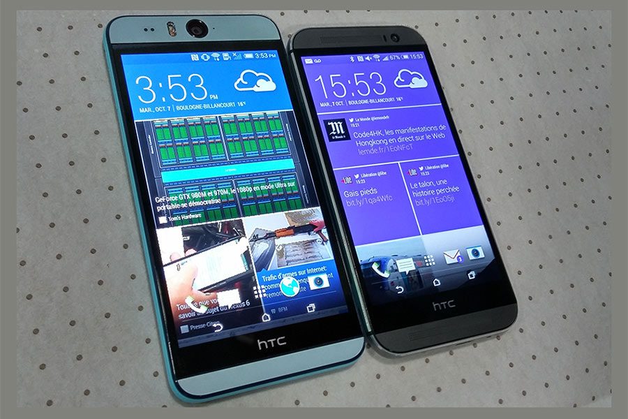 HTC Desire EYE vs One M8&nbsp;: avec son écran de 5,2 pouces, le Desire est un peu plus long et large.