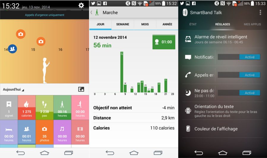 De gauche à droite&nbsp;: l'interface principale de Lifelog, le détail d'une journée de marche et enfin l'interface de l'application SmartBand Talk pour les réglages.