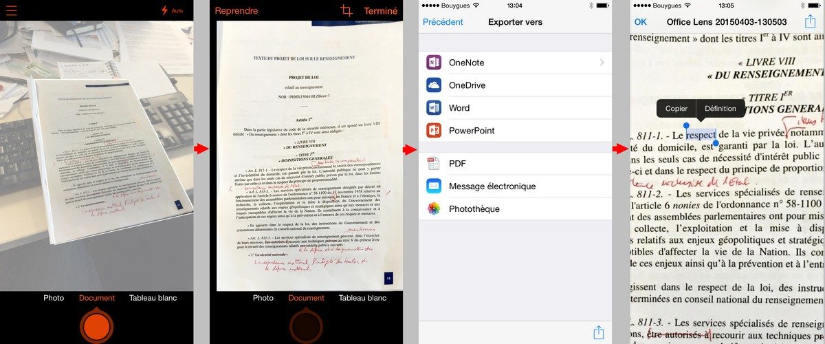 Capture, redressement, sauvegarde et lecture, sous Office Lens