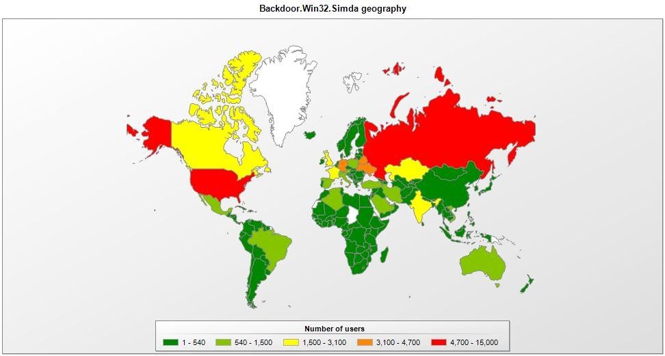 Répartition géographique  du botnet Simda
