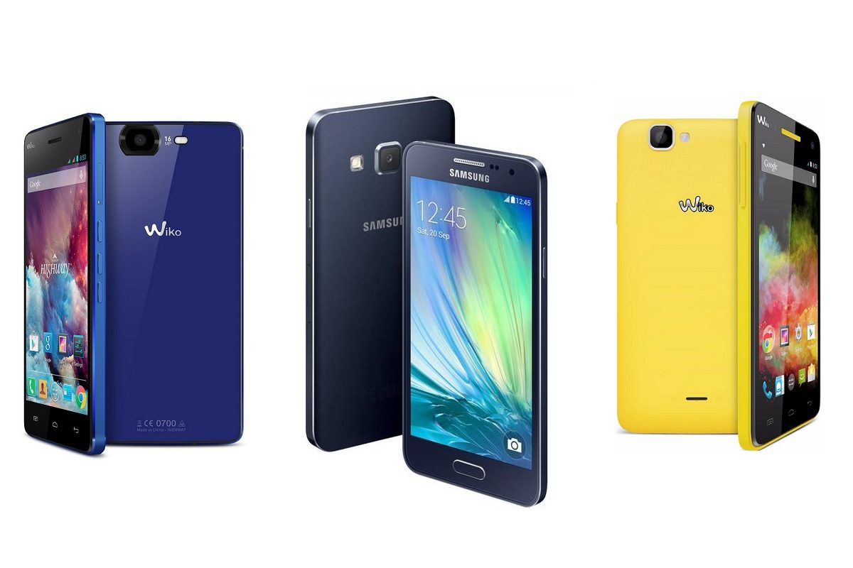 De gauche à droite&nbsp;: le Wiko Highway, Samsung Galaxy A3 et Wiko Rainbow