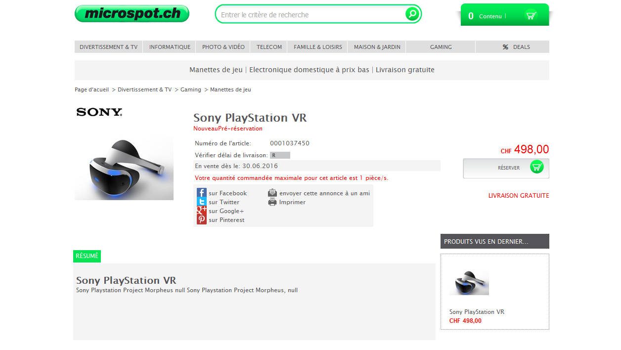 Site suisse PlayStation VR