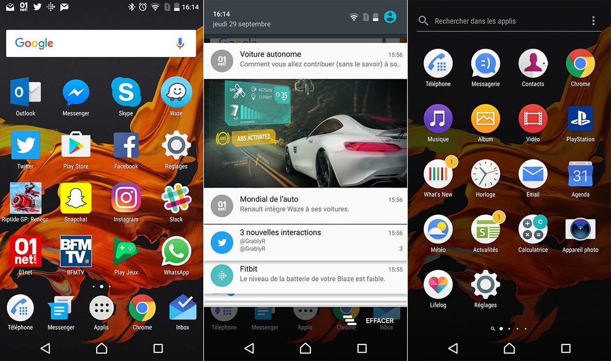 Capture d'écran du Sony Xperia XZ