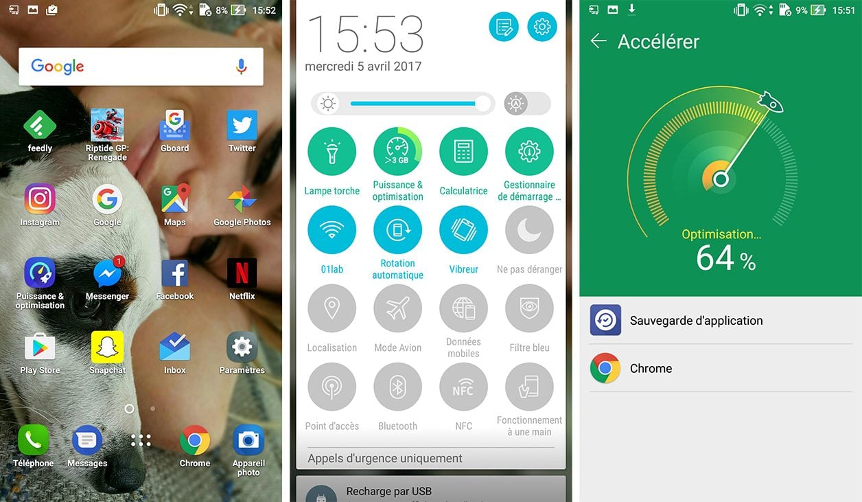 Interface de l'Asus Zenfone 3 Deluxe (Snapdragon 821)