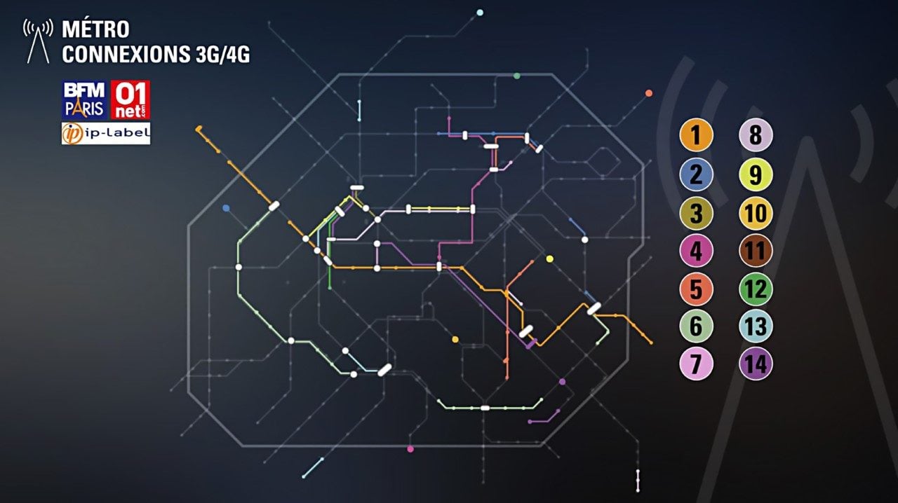 La carte de la couverture 3G et 4G du métro parisien.