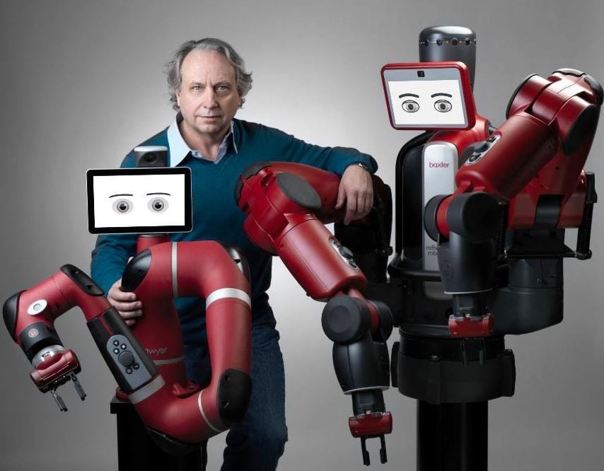 Rodney Brooks avec ses derniers robots Sawyer et Baxter.