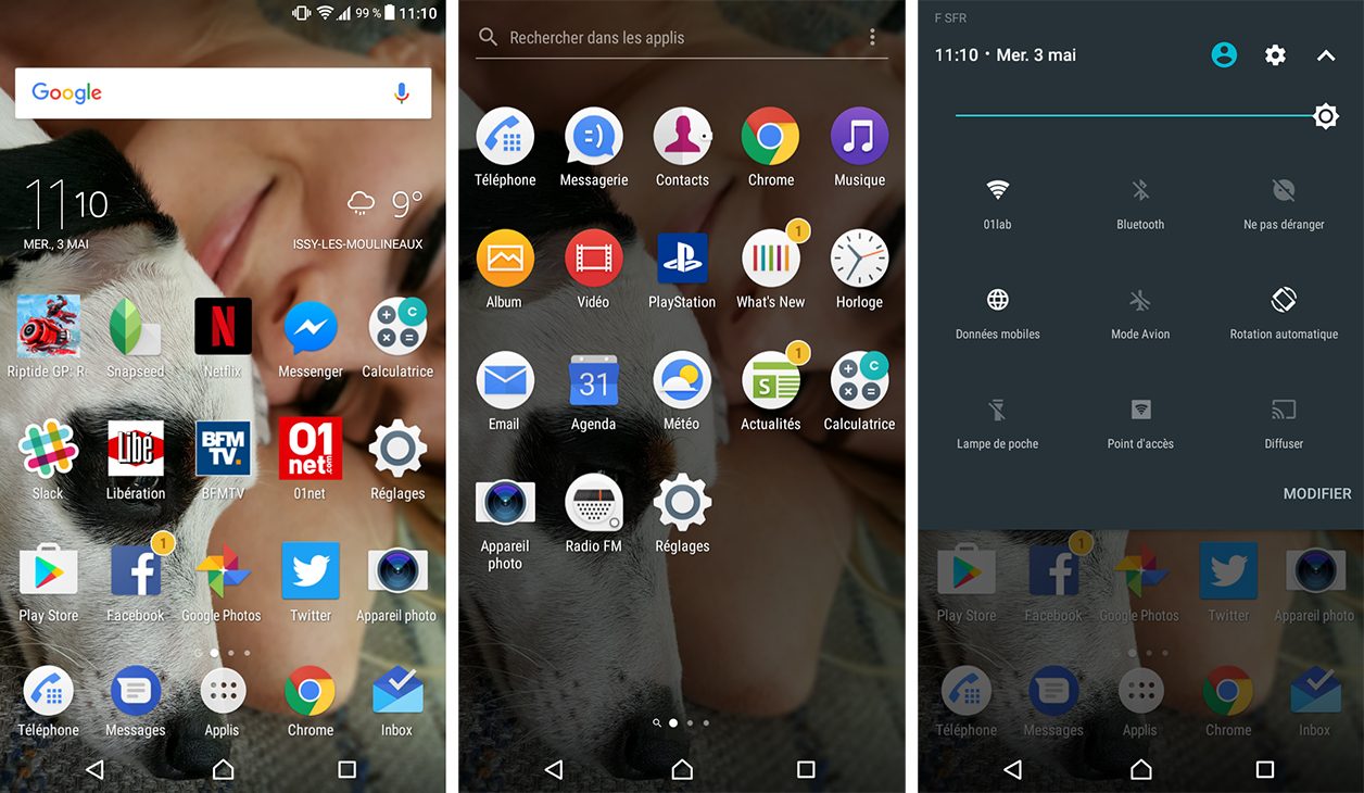 Interface du Sony Xperia XA1